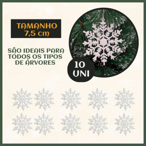 Flocos De Neve 10 Pendentes Grande C/ Glitter Decoração Enfeite Árvore Natal Branco/Vermelho/Dourado