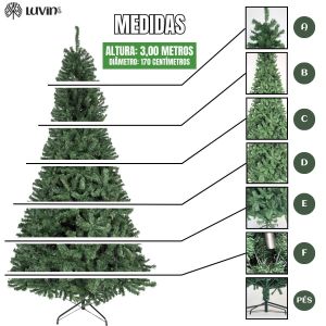 Árvore De Natal Pinheiro Canadense Luxo 3,00m 2500 Galhos Tradicional Verde Imperial Premium Grande Cheia Luvinco