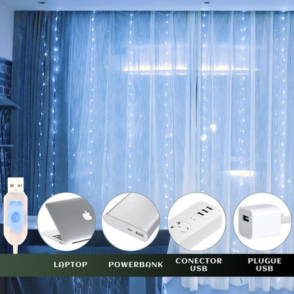Cortina 300 Leds 3x3m Pisca Pisca USB IP44 8 Modos De Iluminação Luzes De Fada Decoração Natal Festa LuvinCo