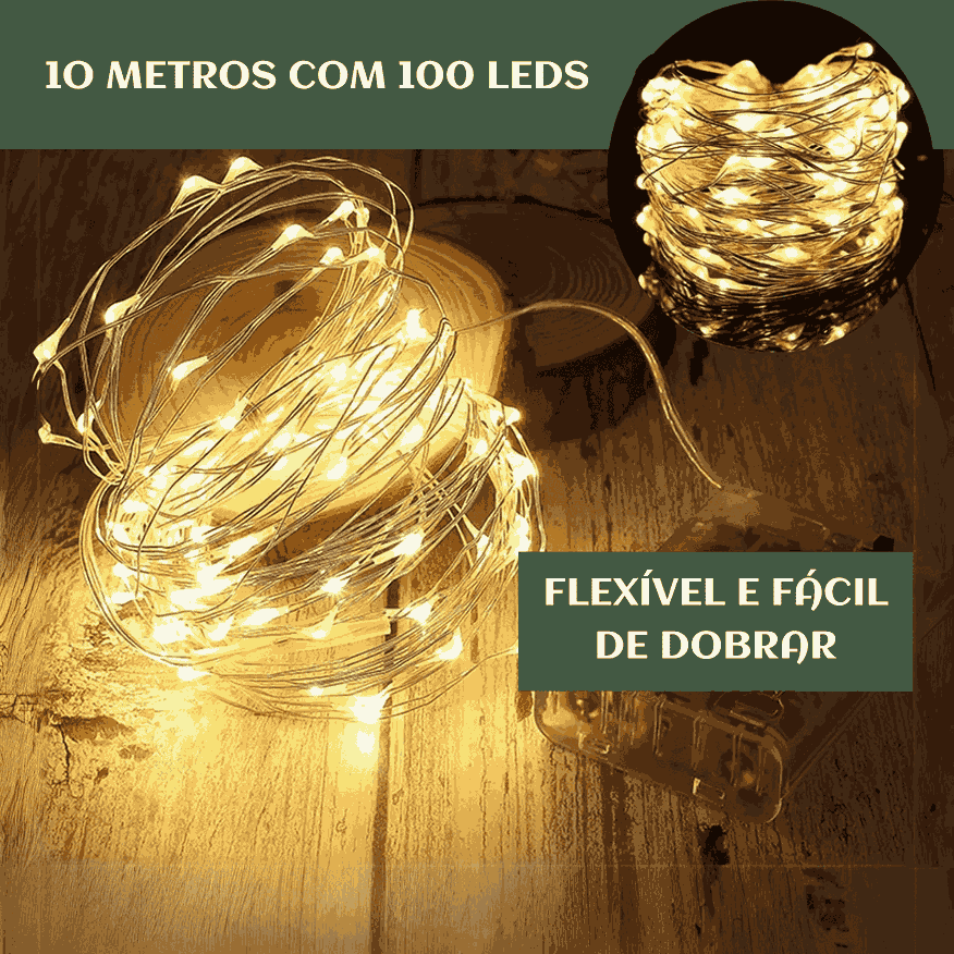 Fio De Fada 100 Led 10 Metros IP44  Bateria Cordão Pisca Luzes Lâmpadas Festa Decoração Árvore de Natal LuvinCo