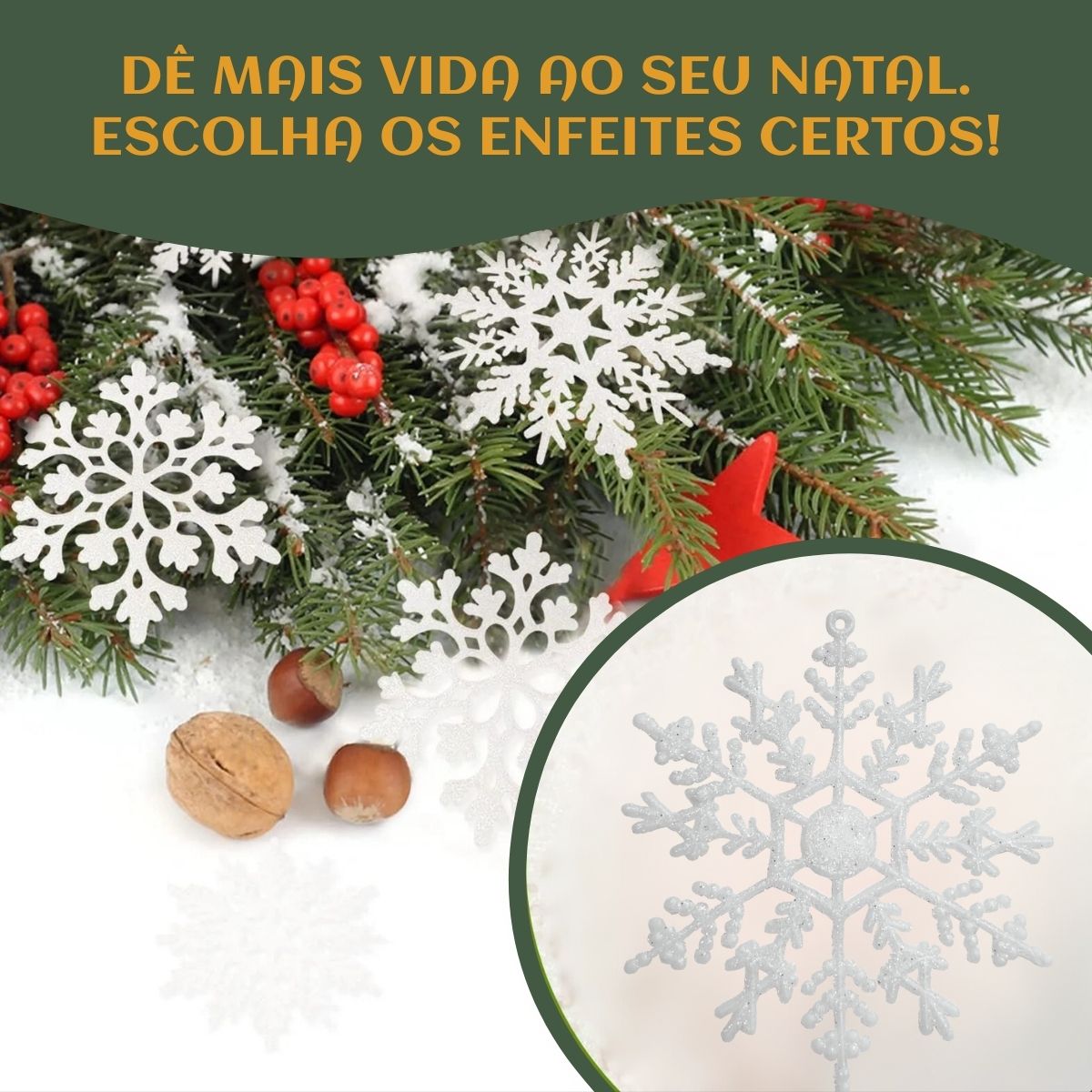 Flocos De Neve 10 Pendentes Grande C/ Glitter Decoração Enfeite Árvore Natal Branco/Vermelho/Dourado