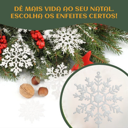 Flocos De Neve 10 Pendentes Grande C/ Glitter Decoração Enfeite Árvore Natal Branco/Vermelho/Dourado