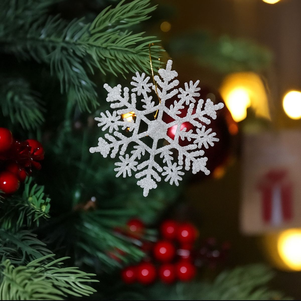 Flocos De Neve 10 Pendentes Grande C/ Glitter Decoração Enfeite Árvore Natal Branco/Vermelho/Dourado