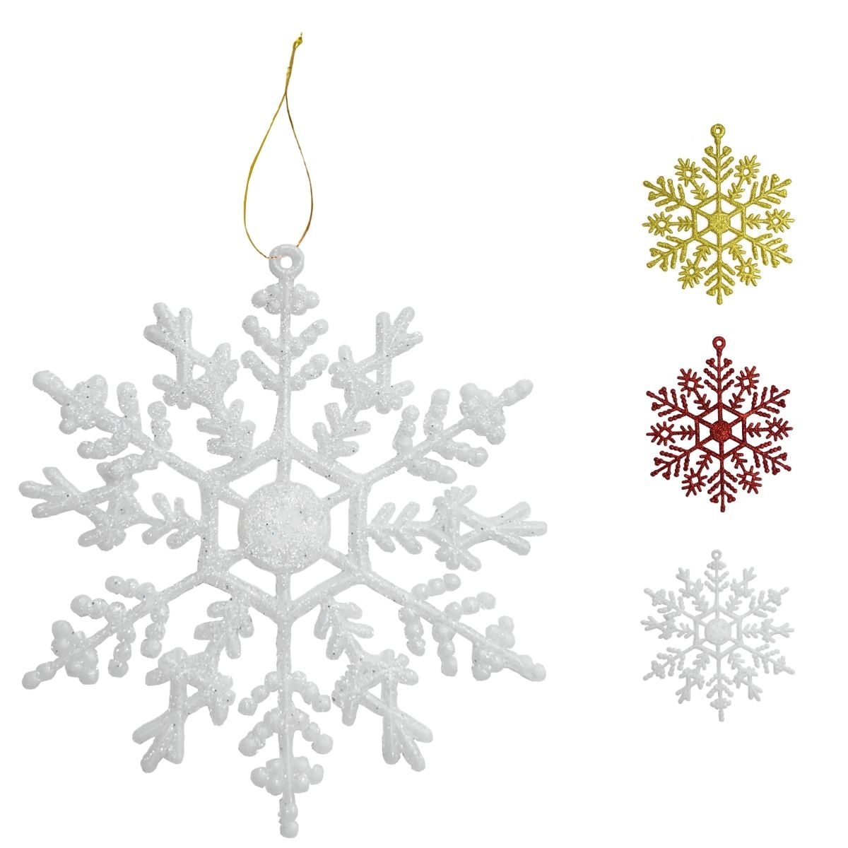 Flocos De Neve 10 Pendentes Grande C/ Glitter Decoração Enfeite Árvore Natal Branco/Vermelho/Dourado