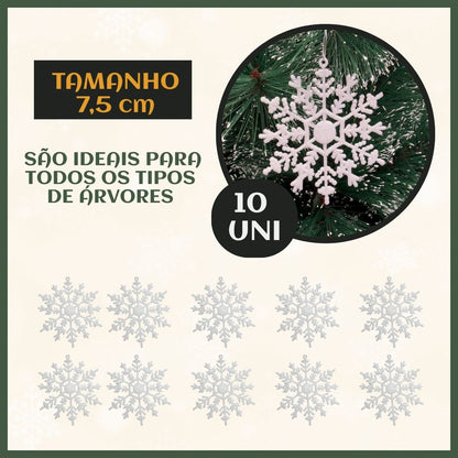 Flocos De Neve 10 Pendentes Grande C/ Glitter Decoração Enfeite Árvore Natal Branco/Vermelho/Dourado