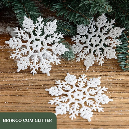 Flocos De Neve 10 Pendentes Grande C/ Glitter Decoração Enfeite Árvore Natal Branco/Vermelho/Dourado