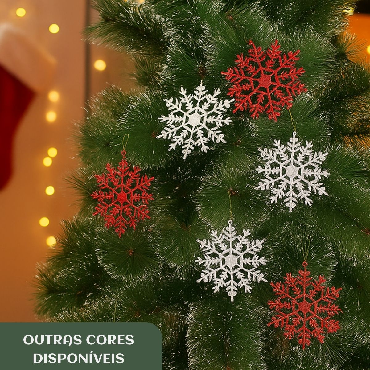 Flocos De Neve 10 Pendentes Grande C/ Glitter Decoração Enfeite Árvore Natal Branco/Vermelho/Dourado
