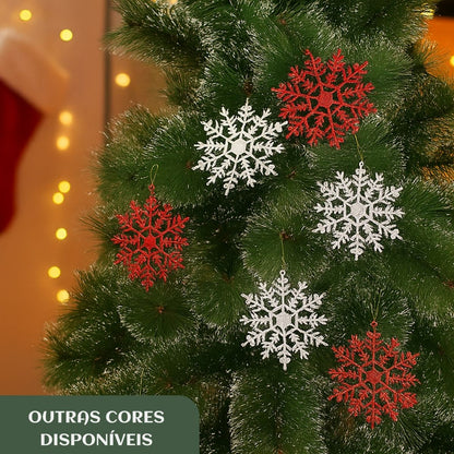 Flocos De Neve 10 Pendentes Grande C/ Glitter Decoração Enfeite Árvore Natal Branco/Vermelho/Dourado