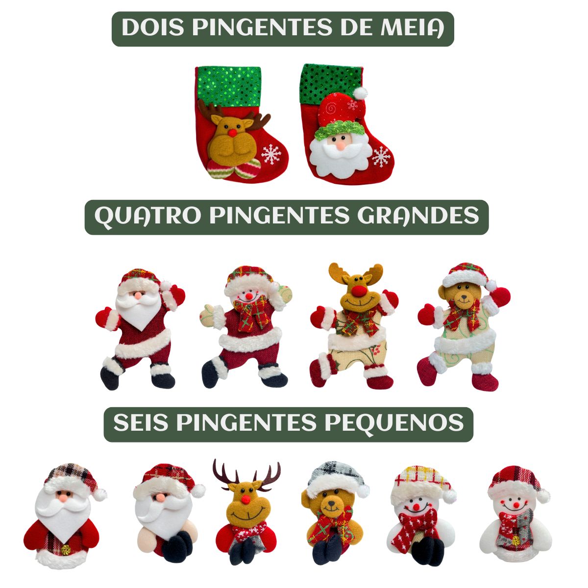 Kit 10/12 Pendentes Pelúcia Enfeite Árvore De Natal Papai Noel Grande 16cm Decoração LuvinCo