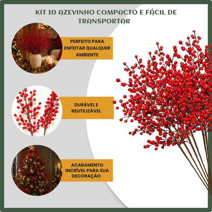 Kit 10 Azevinho Pick Galho Cereja Enfeite Natalino Decoração