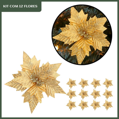 Kit 12 Flores Artificial Decoração Enfeite Árvore Natal Luxo LuvinCo