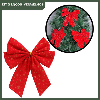 Kit 3 Laços Árvore De Natal Glitter Grandes Enfeite Decoração Luxo Prata/Vermelho/Dourado LuvinCo