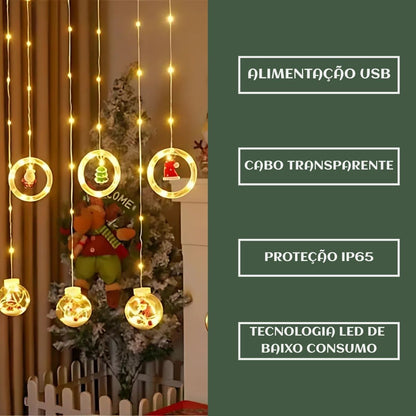 Pisca Cascata Varal 130Led 3,0m Circuito Bivolt USB Cordão Fio Fada e Figura A Prova De Água Decoração Natal LuvinCo