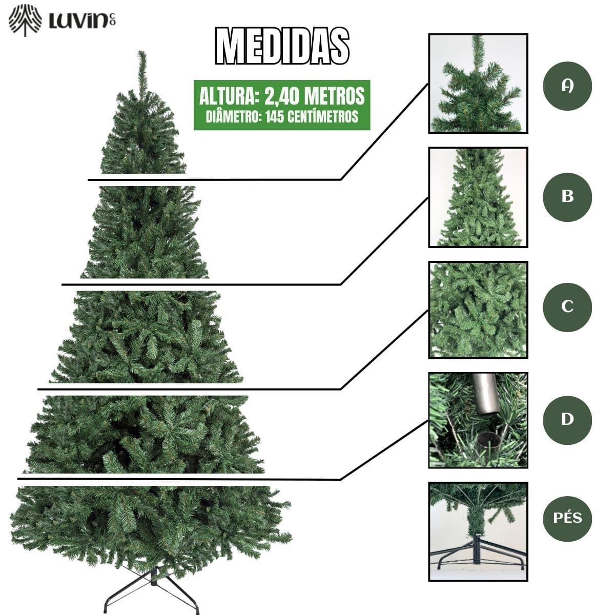 Árvore De Natal Pinheiro Canadense Luxo 2,40m 1500 Galhos Tradicional Verde Imperial Premium Grande Cheia Luvinco
