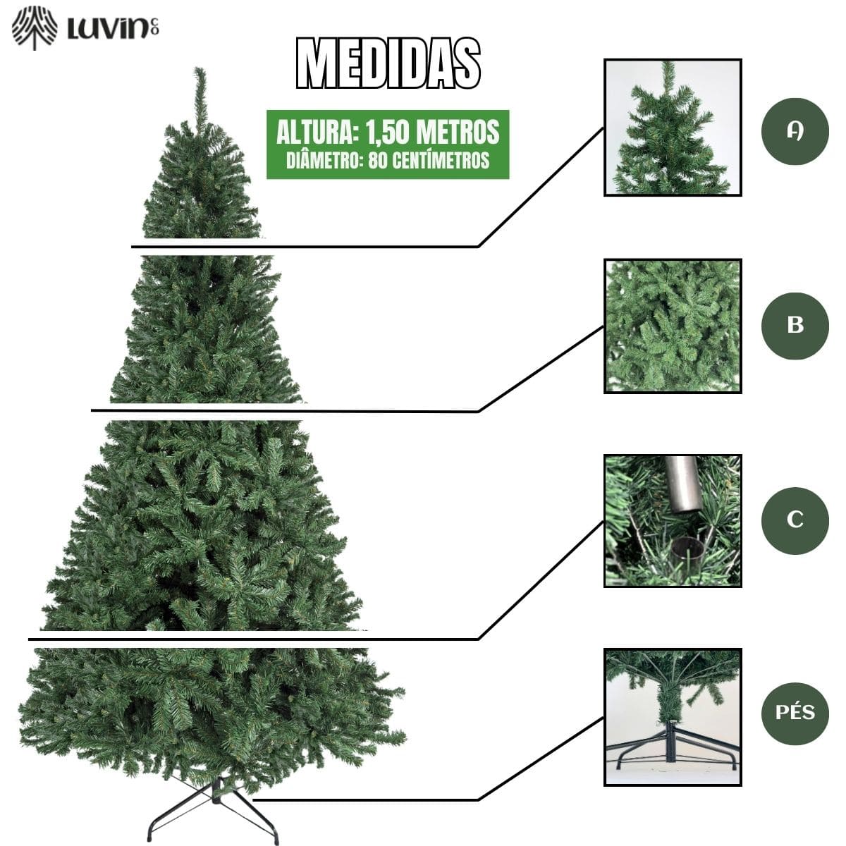 Árvore De Natal Pinheiro Canadense Luxo 1,50m 450 Galhos Tradicional Verde Imperial Premium Grande Cheia Luvinco