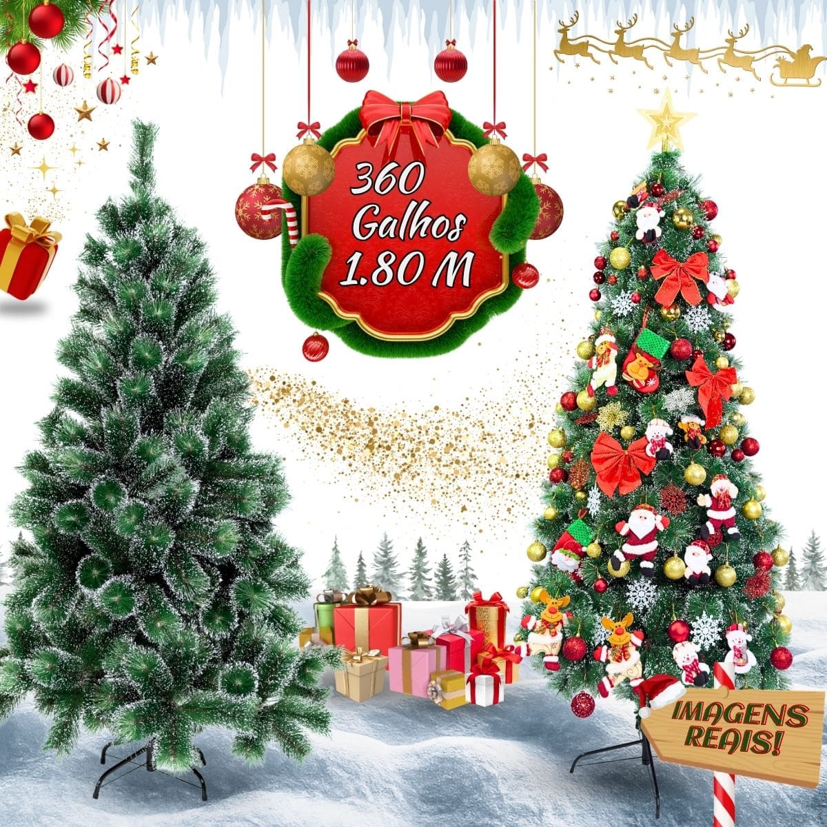 Árvore De Natal Pom Pom Verde Com Pontas Nevada 1,80m 360 Galhos Grande Pinheiro Toque De Neve Cheia Luxo