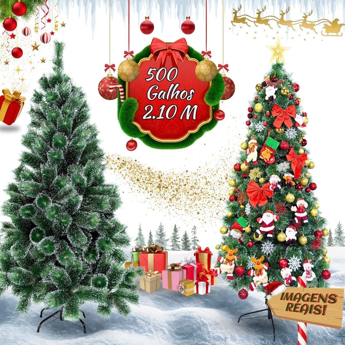 Árvore De Natal Pom Pom Verde Com Pontas Nevada 2,10m 500 Galhos Grande Pinheiro Toque De Neve Cheia Luxo