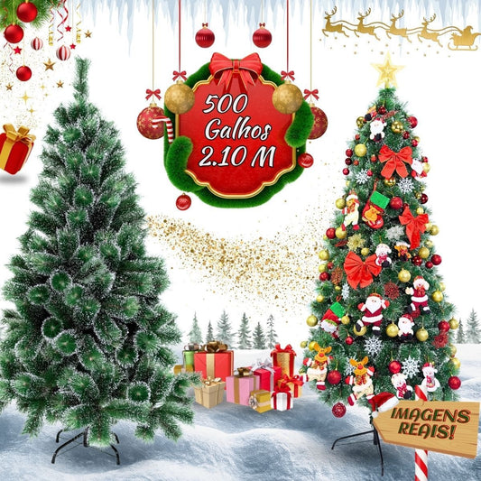 Árvore De Natal Pom Pom Verde Com Pontas Nevada 2,10m 500 Galhos Grande Pinheiro Toque De Neve Cheia Luxo