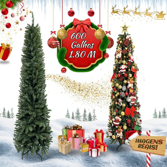 Árvore Natal Slim 1,80m 600 Galhos Pinheiro Tradicional Fina Luxo Cheia Luvinco