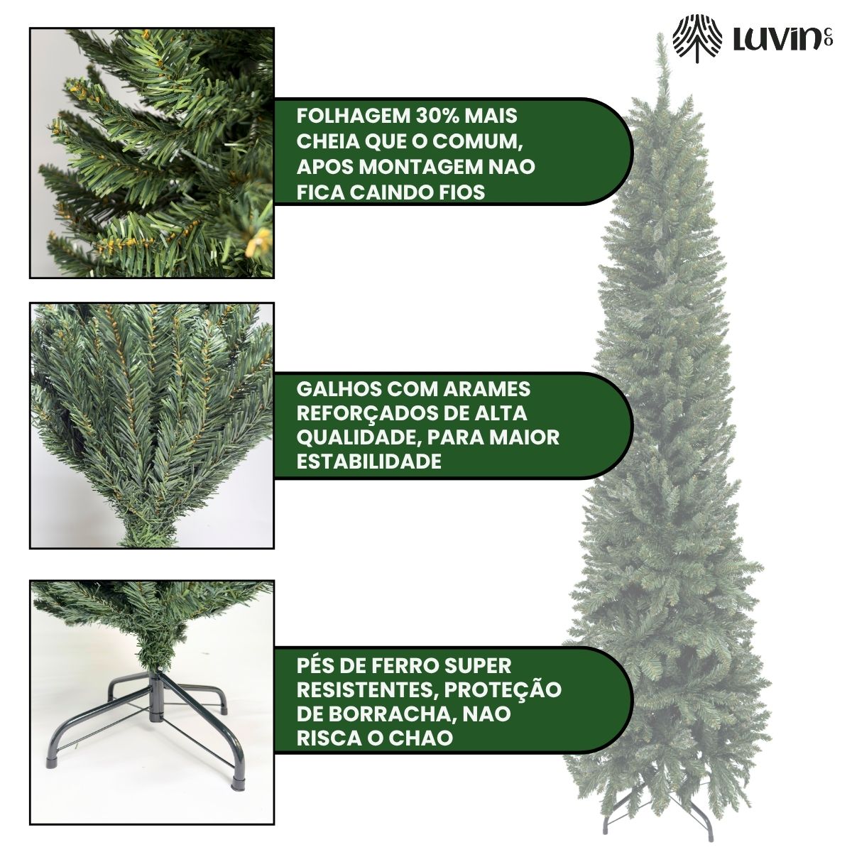 Árvore Natal Slim 1,80m 600 Galhos Pinheiro Tradicional Fina Luxo Cheia Luvinco