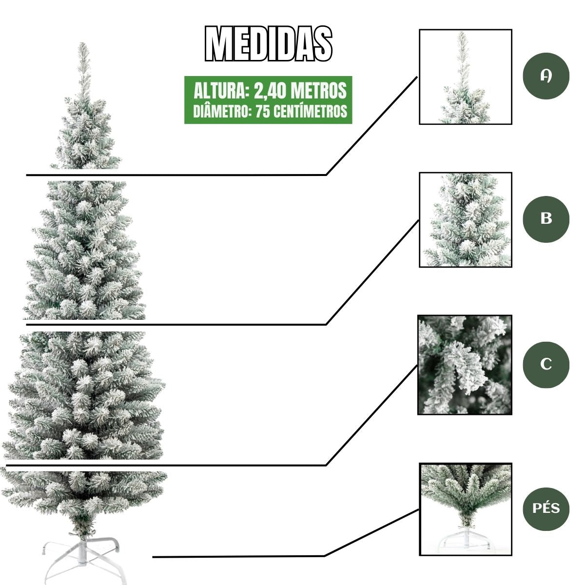 Árvore Natal Slim Nevada 2,40m 800 Galhos Pinheiro Tradicional Fina Luxo Cheia Luvinco